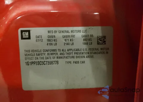 2012 Chevrolet Cruze Lt z USA, uszkodzony, nr VIN 1G1PF5SC5C7398778